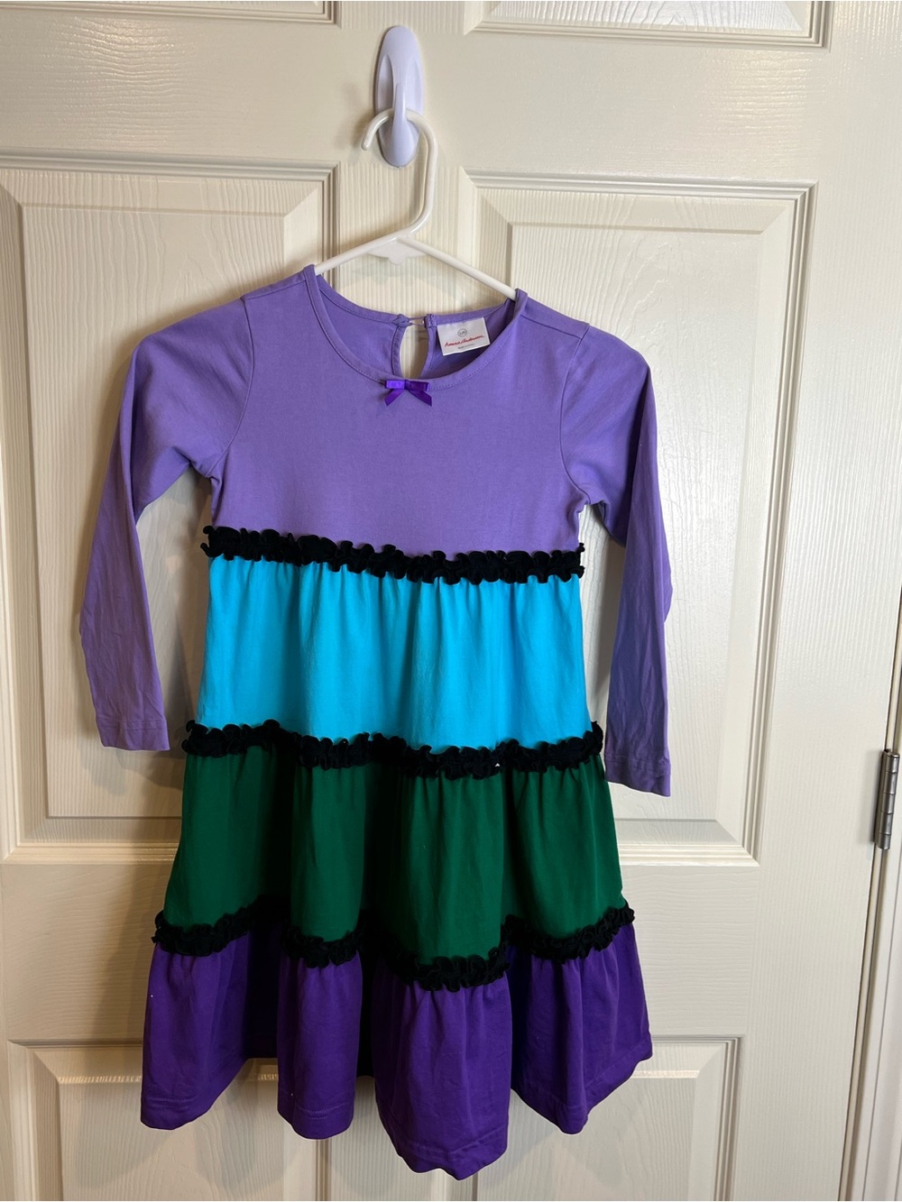 Hanna Andersson Girls Colorblock Ruffle Long Sleeve Dress - Purple, Teal, Green
